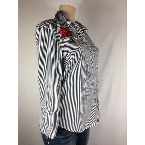Womens Kontrol Striped Flower Embroidered Shirt Blouse Tunic Top Size Medium - Picture 3 of 9